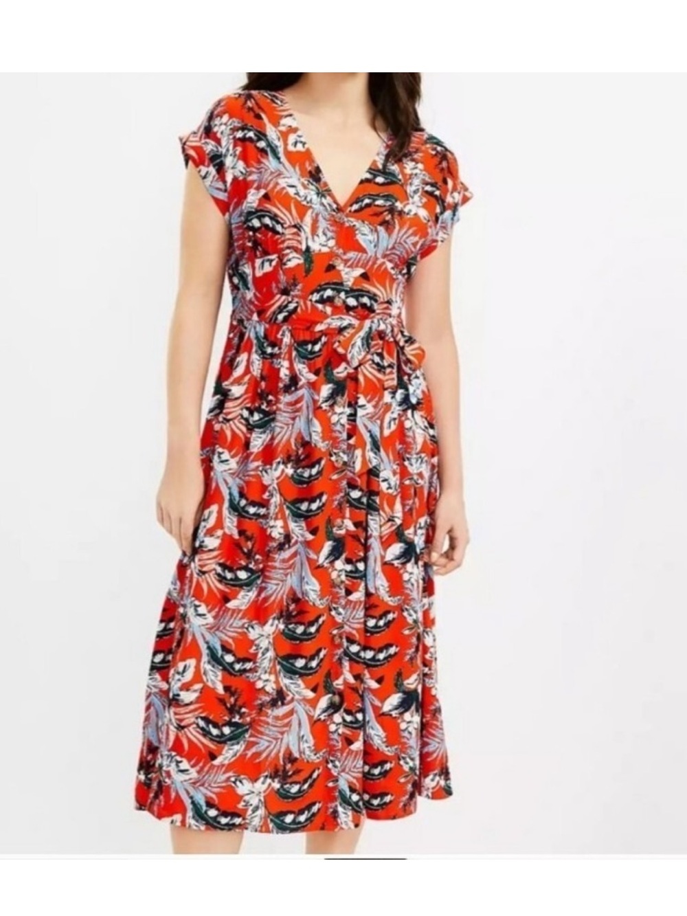 LOFT Coral Red Floral Tie-Waist Maxi Dress, Size 16P